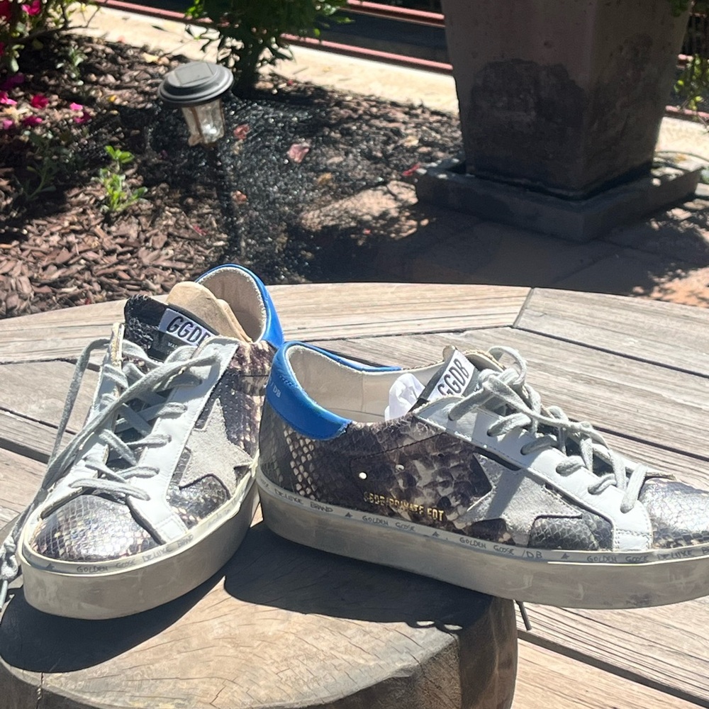 Golden Goose Women's Snakeskin Sneakers with Blue Heel, Excellent Condition!